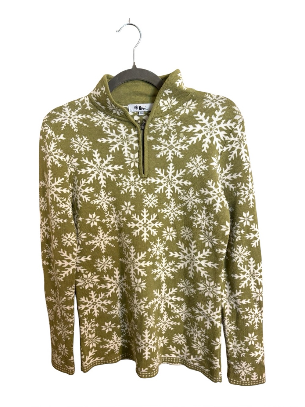 Neve Green White Alexandria‎ Cotton Quarter Zip Snowflake Pullover Sweater Small